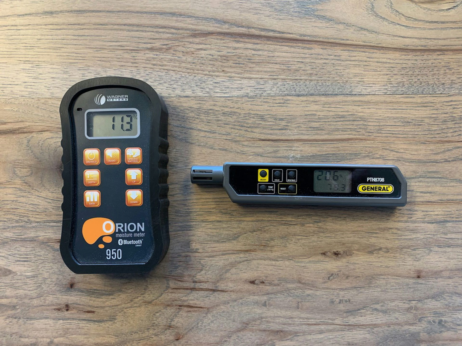 An example of our Orion moisture metre and humidity tester for hardwood flooring. This helps us minimize cracking and gapping in hardwood floors due to humidity changes in your Utah home.